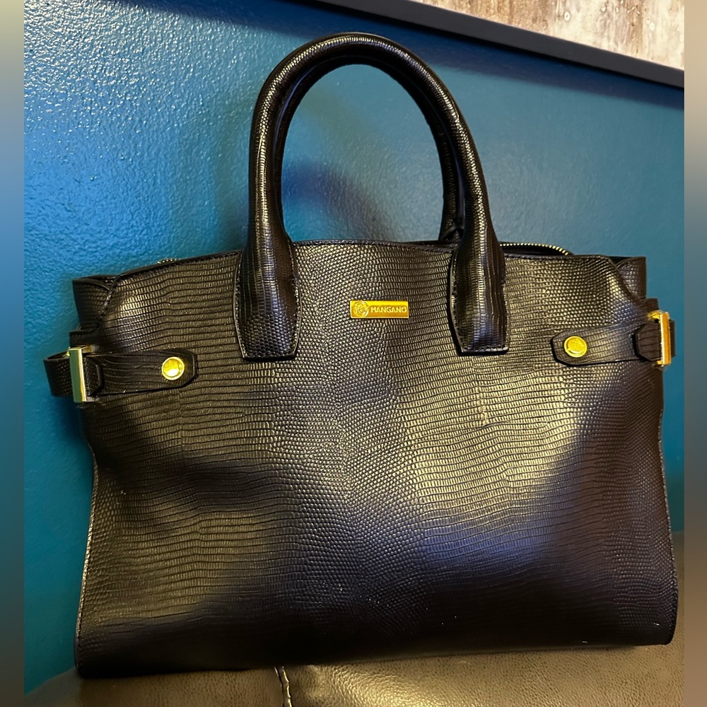 Joy mangano black tote zipper bag with gold buckle